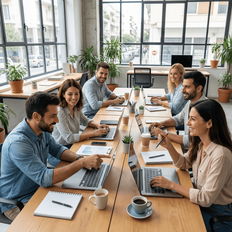 Χαρούμενη ομάδα εργαζομένων που επωφελείται από ομαδικά προγράμματα ασφάλισης